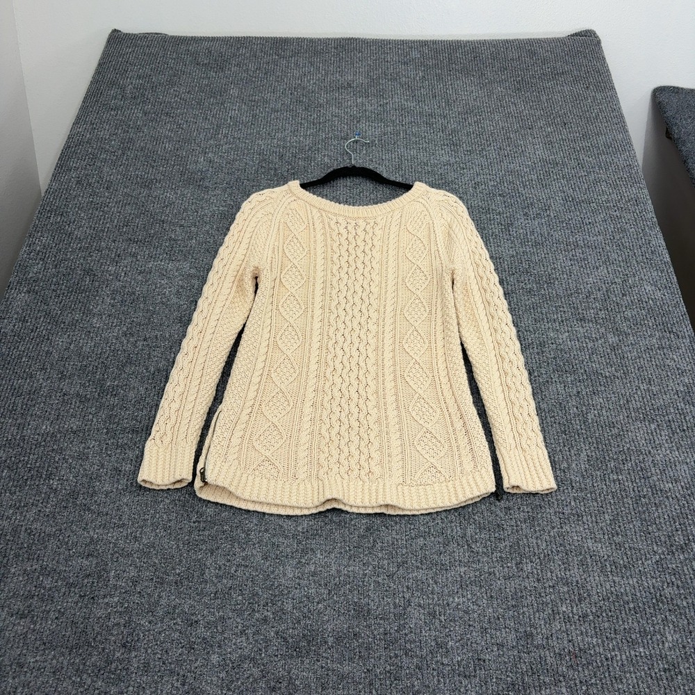 LL Bean Signature Sweater Womens XXS Cream Cotton Cable Knit Side Zips Casual